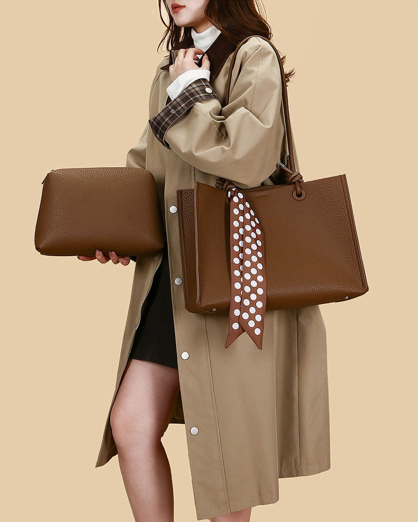 Cartera Tipo Tote de Asas Largas con Pañuelo Decorativo y Estuche Interno removible – Diseño Texturizado y Práctico