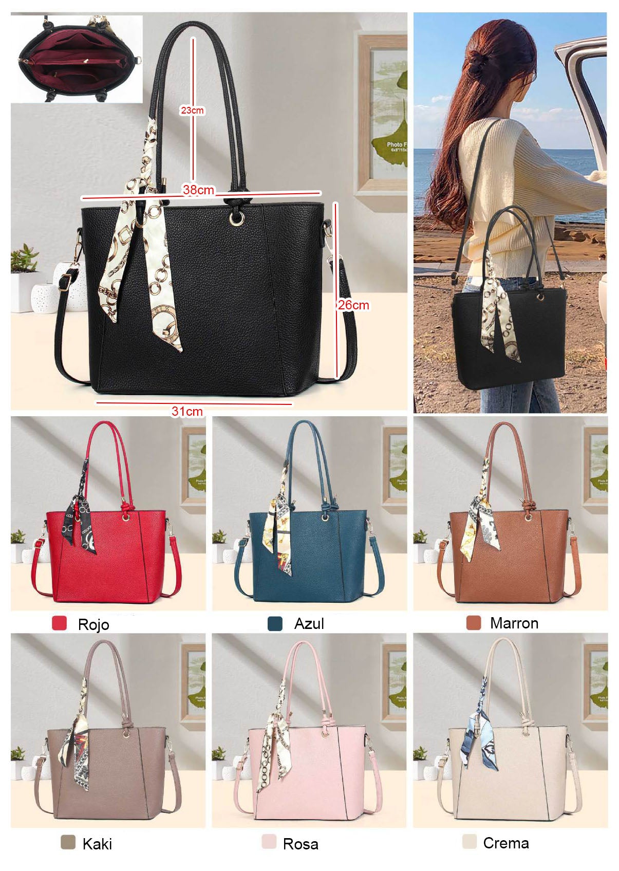 Cartera Mediana con Lazo Decorativo y Asa Larga – Con Interior Forrado y Cremallera